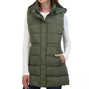 Sebby Drawstring Olive Green Puffer Vest with Removable Hood Sz M